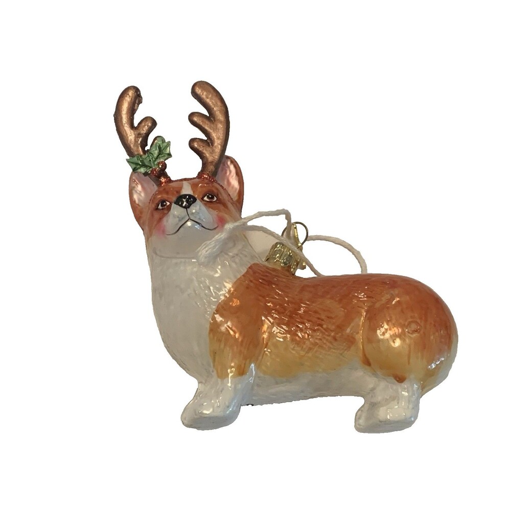 Kurt Adler Noble Gems Glass Ornament Pembroke Welsh Corgi With Reindeer Antlers